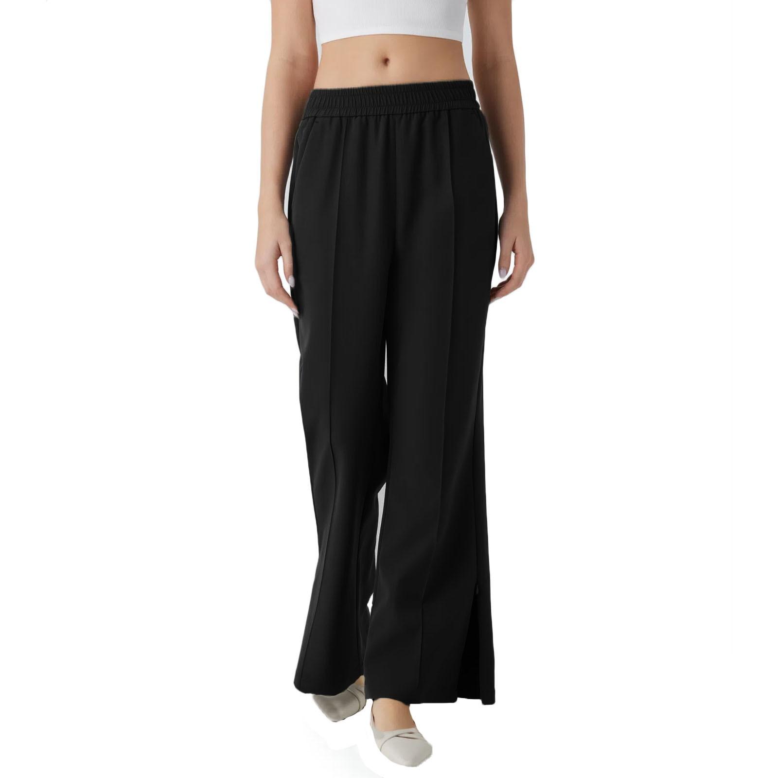 

Women Mid Waist Side Pocket Split Hem Flare Casual Pants S чёрный