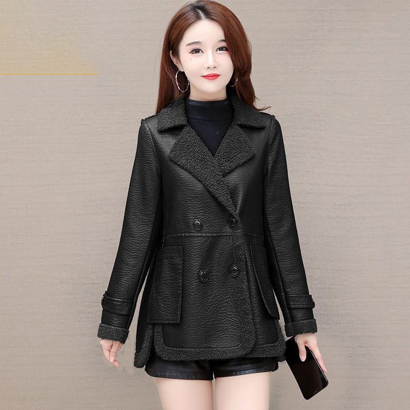 Damen Lederjacke Herbst Winter Kurz Doppelseitig Abnutzung Ledermantel 4XL Weiblich Hinzufügen Samt Warm Lammwolle PU Mantel
