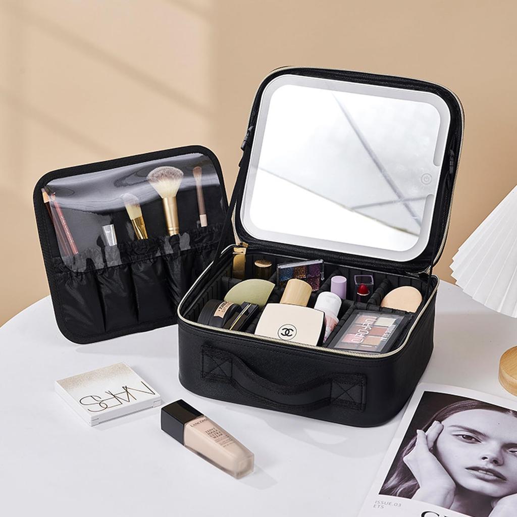 Diceevil Makeup Box with 3 Color Adjustable LED Makeup Travel Makeup Case with Adjustable Large Horizontal Makeup Makeup for Going Going Out Mirror,
