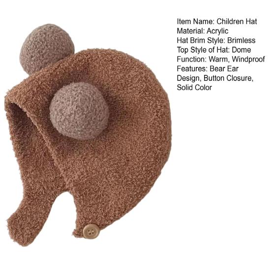 Children Hat with Bear Ear Design Solid Color Button Closure Elastic Breathable Winter Cap Cold Weather Accessory