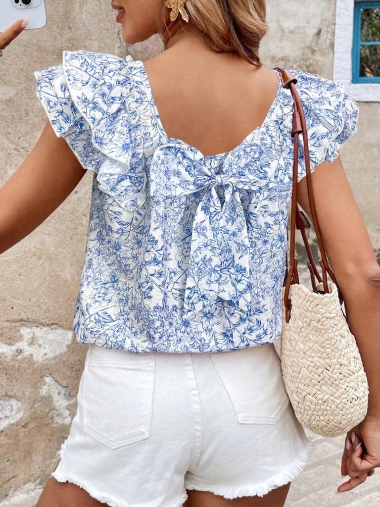 Women's Printed Summer Fashion Back Bow Tiered Ruffled Short Sleeve Shirt
