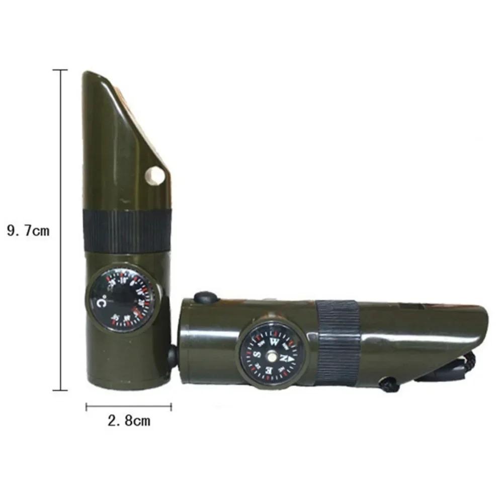 7 In 1 Jungle Survival Whistle Hiking Whistle Compass Mirror Flashlight Magnifier LED Light Thermometer Storage Compass Tool