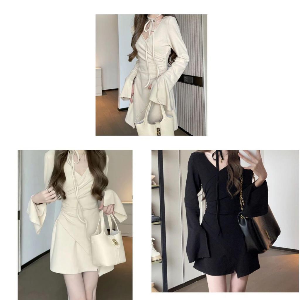 French V Neck Knit Dress With Long Sleeves For Casual And Travel Wear