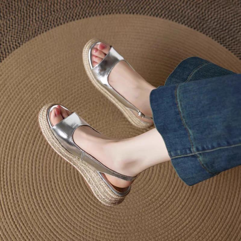 

Summer Round Toe Straw Sandals Women s Heightened Wedge Straw Open Toe Beach Sandals 34EU/CN35 серебряный