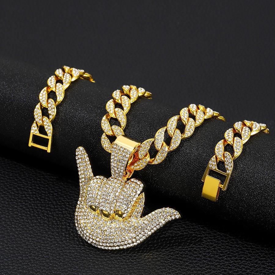 Alloy Full Diamond Lucky Gesture Pendant Personalized Male Hip Hop Cuban Chain Texture Finger Frame Necklace