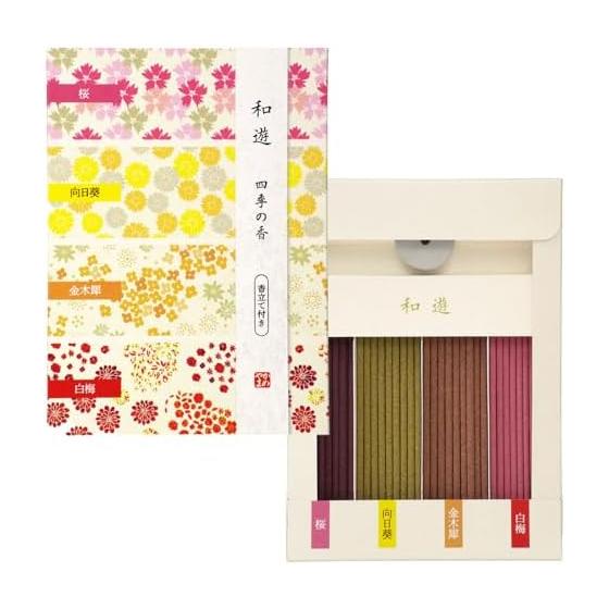 Kameyama Wayu Assortment Four Seasons Incense (Cherry Blossom/White Plum/Osmanthus/Sunflower) 1 Set Incense Stick Incense with Incense Holder