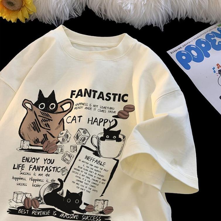 New Men Women T Shirt Pullover Oversize Korean Version Cartoon Cat Group Printed T-Shirt Casual Short Sleeve Couples T-Shirt