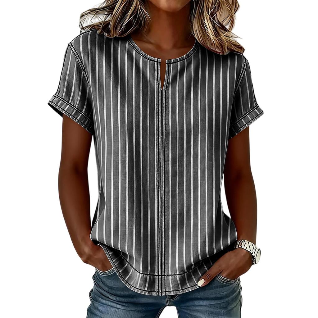 Women's Casual Loose Fit Short Sleeve T-Shirt with Round Neck Vertical Stripe Pattern Comfortable Lightweight Top for Everyday Wear