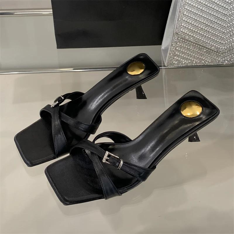 Eilyken Summer Narrow Band Low Heels Slippers Women Dress Buckle Strap Square Toe Party Beach Slide Shoes