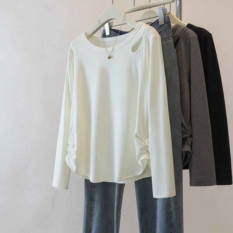

Women s Plus Size Irregular Pleated Long Sleeve Hollow-Out T-shirt - Slimming Korean Style, 2025 Spring Collection 3XL абрикосовий