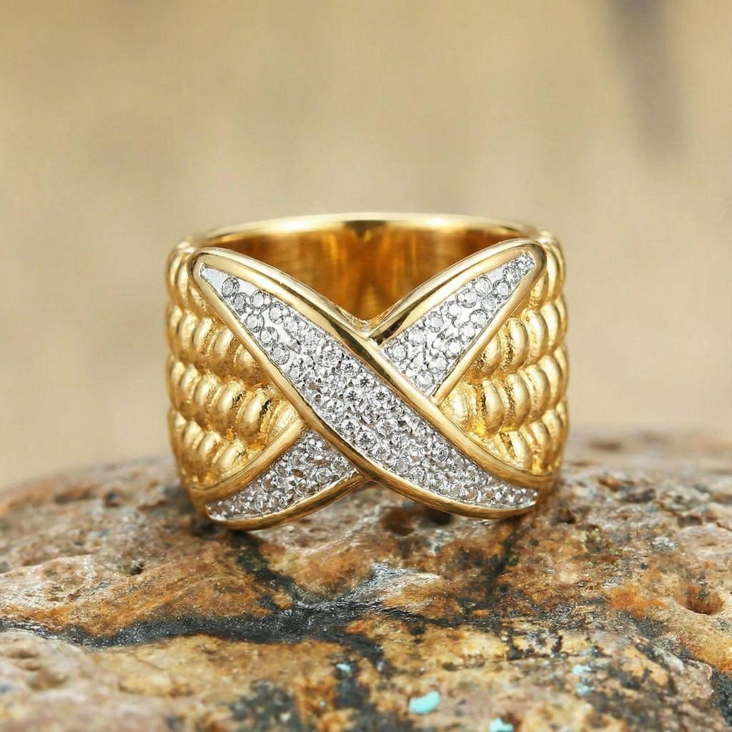 Luxury Retro Diamond X-Shaped Ring: Stainless Steel, Square Pattern, Fashionable & Versatile