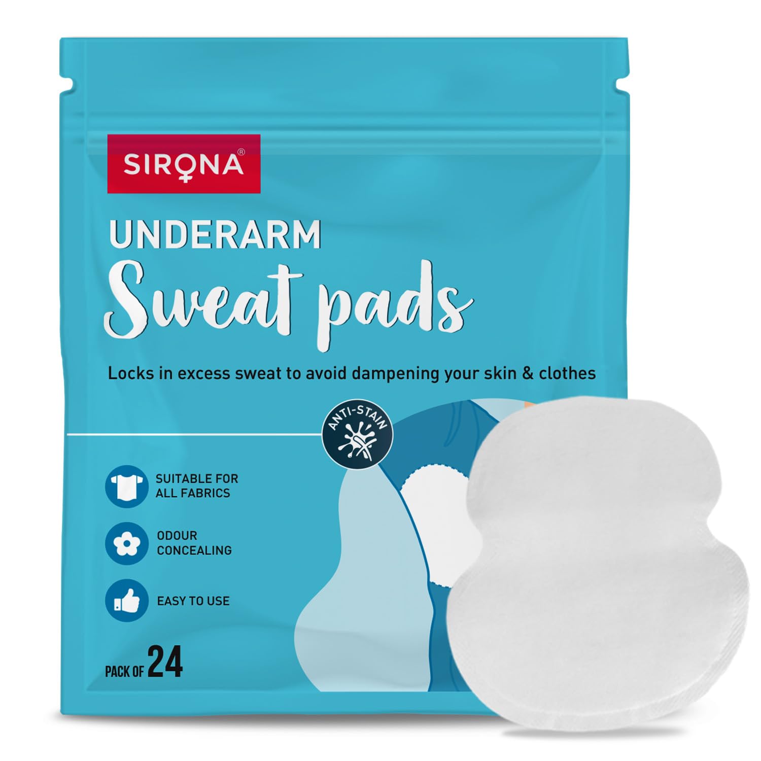 

Sirona Disposable Underarm Sweat Pads for Men and Women, 24 Pads | Peel-off | Prevents Stains & Unpleasant Odour | Quick sweat absoption