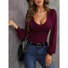 New Women's Slim Fit Knitted Sweater with Low Neckline, Lantern Sleeves for Autumn JOOM