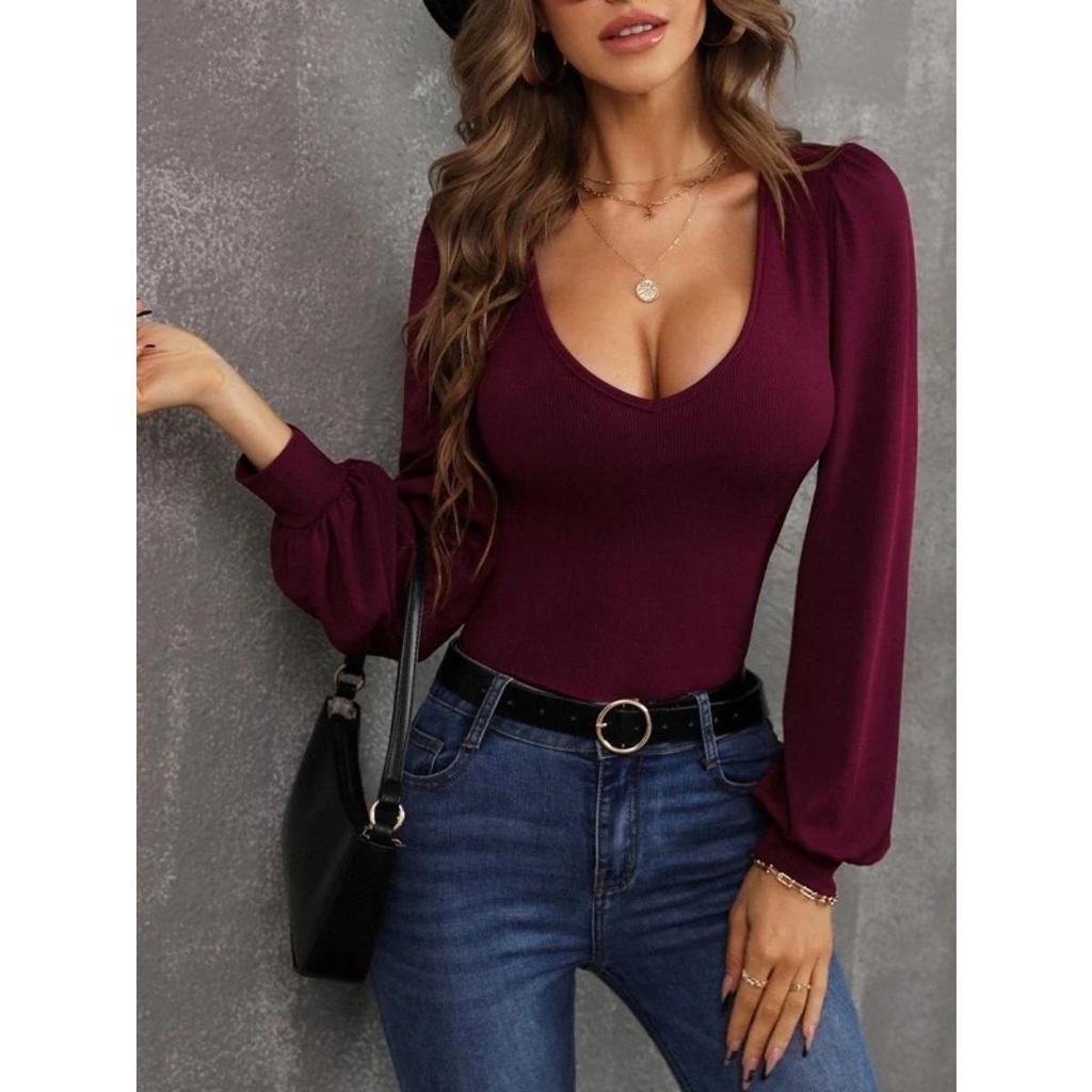 New Women's Slim Fit Knitted Sweater with Low Neckline, Lantern Sleeves for Autumn JOOM