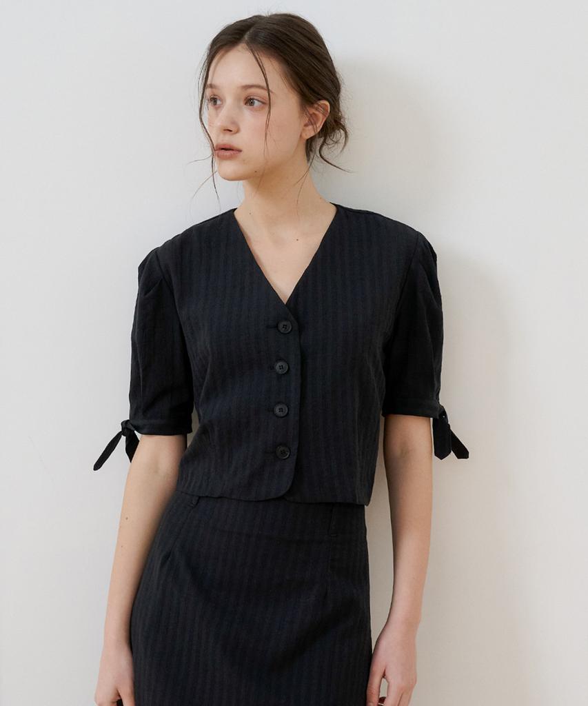 Bye Bye Seop [Set] Ribbon Sleeve Cotton Blouse + Long Skirt Black