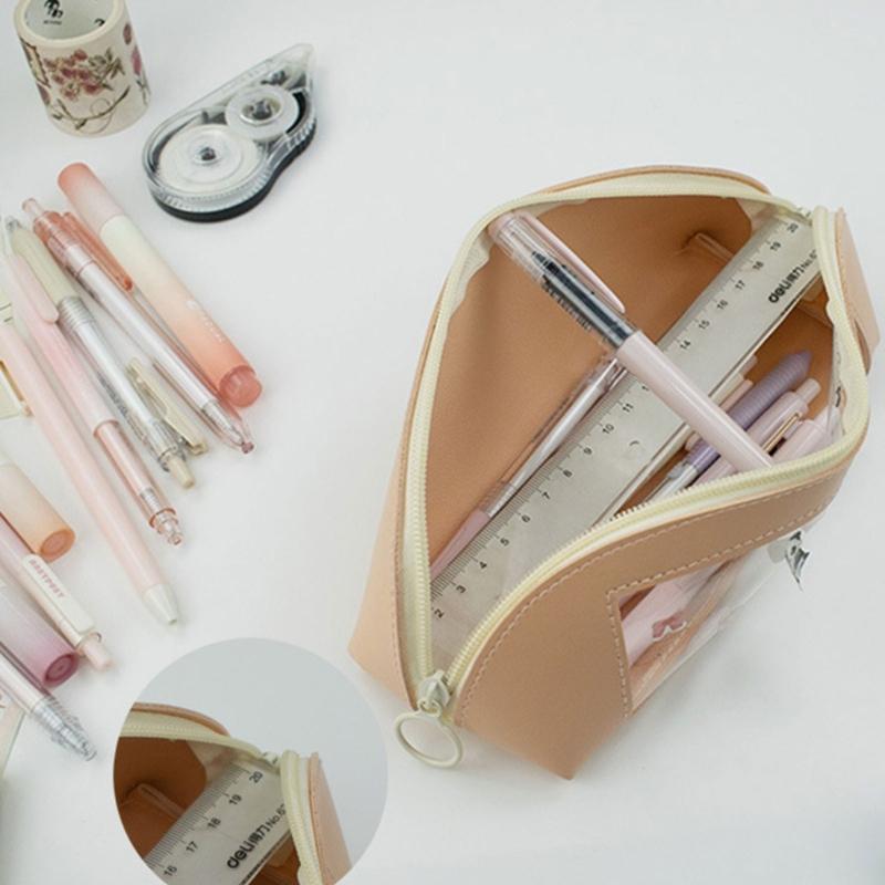 Leather Pencil Case Large Compartment Pencil Bag Water Resistant Clear Pen Pouches Pen Organizers Bag for Student Adult