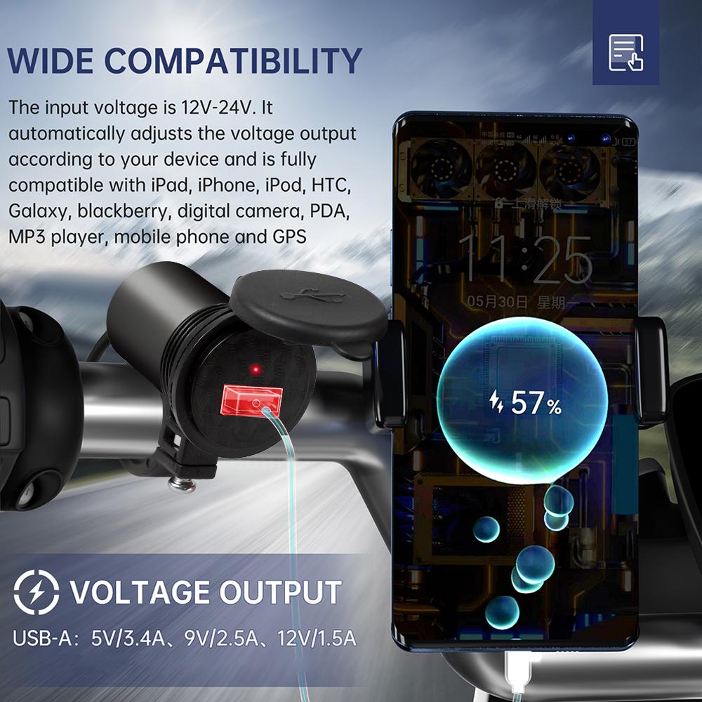 Motorcycle Handlebar12V USB Charger 5V-1.5A Waterproof Moto Adapter Power Supply Socket with Switch For Phone Mobile Motorbike Accessories
