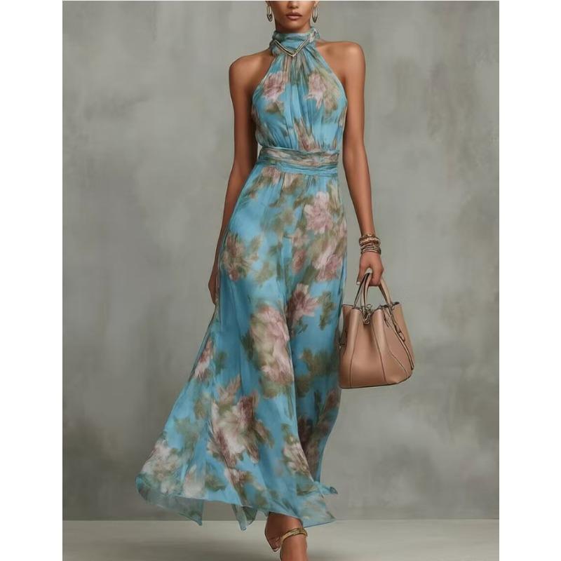 TIFICY Women's Fashion Summer Spring Flower Pattern Print Sleeveless Hanging Neck High Waist Casual Dresses