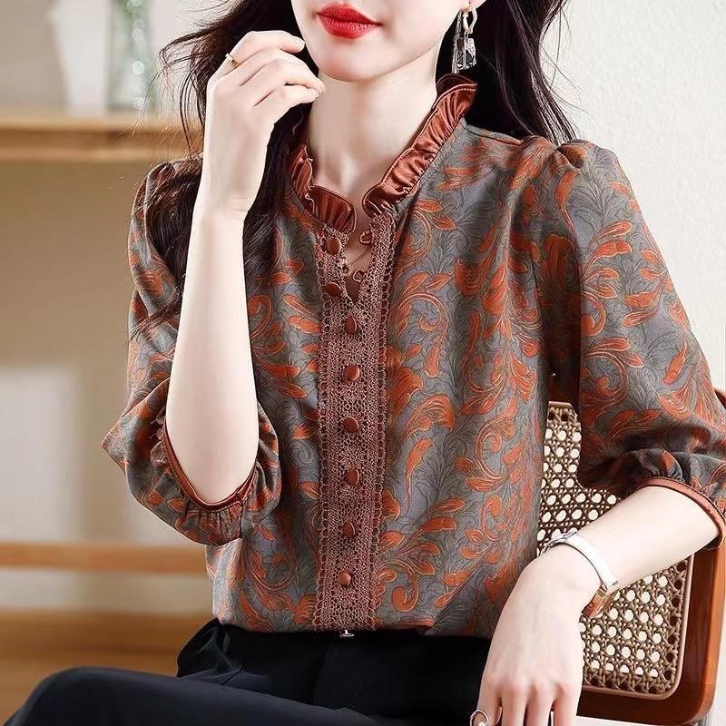 Cămăși de primăvară și vară pentru femei, largi, casual, cu imprimeu, pulover, cu gât mediu, cu nasturi, elegante, pentru navetă, topuri elegante pentru vacanță