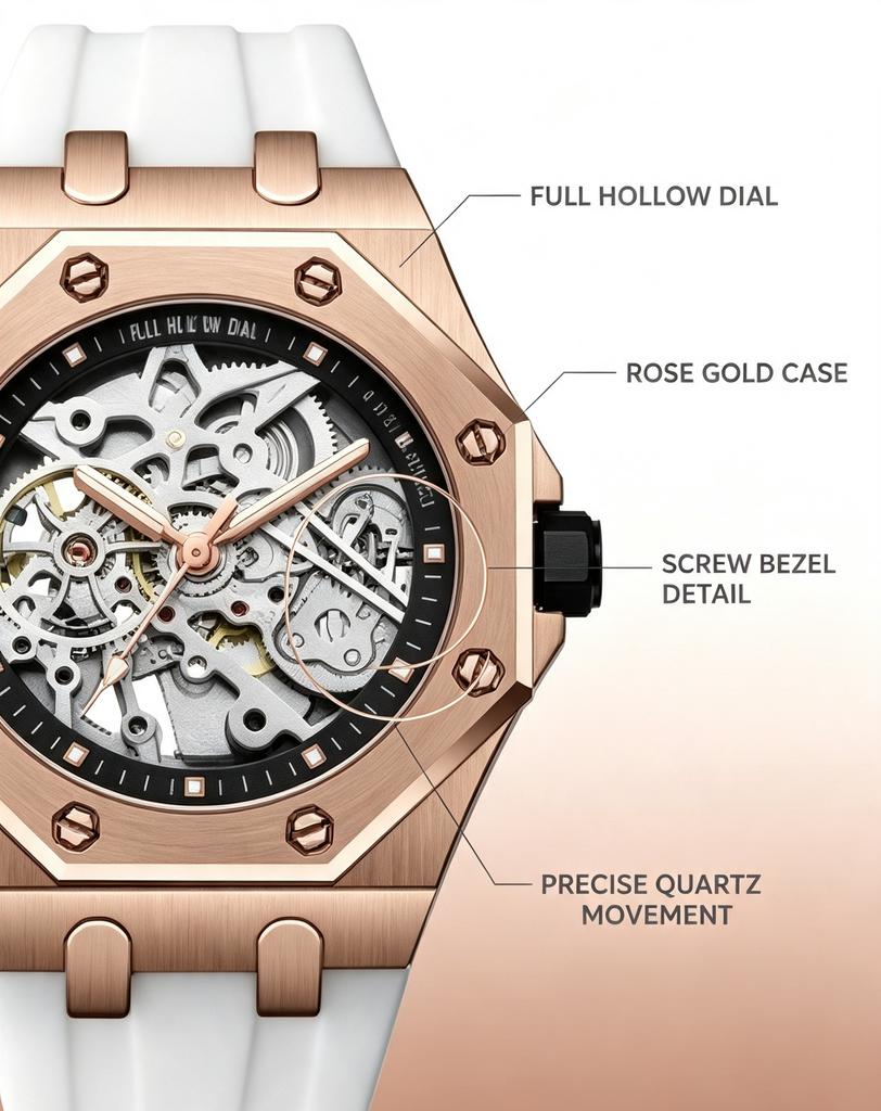 KINYUED Octagonal Hollow Skeleton Watch Men Rose Gold White Silicone Band Sports Luxury Waterproof Quartz Wristwatch Gift