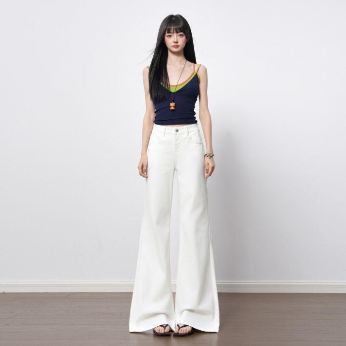 Spring Summer Off White Three Proof Stretch Non Cling Wide Leg Micro Flare Elegant Denim Pants Ladies Casual Pants Oversize Denim Trousers