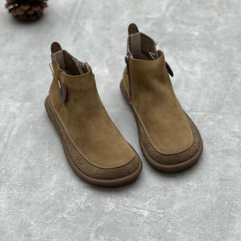 Retro Women Flat Short Boots Genuine Leather Shoes Handmade Round Toe Solid Color Ankle Boots