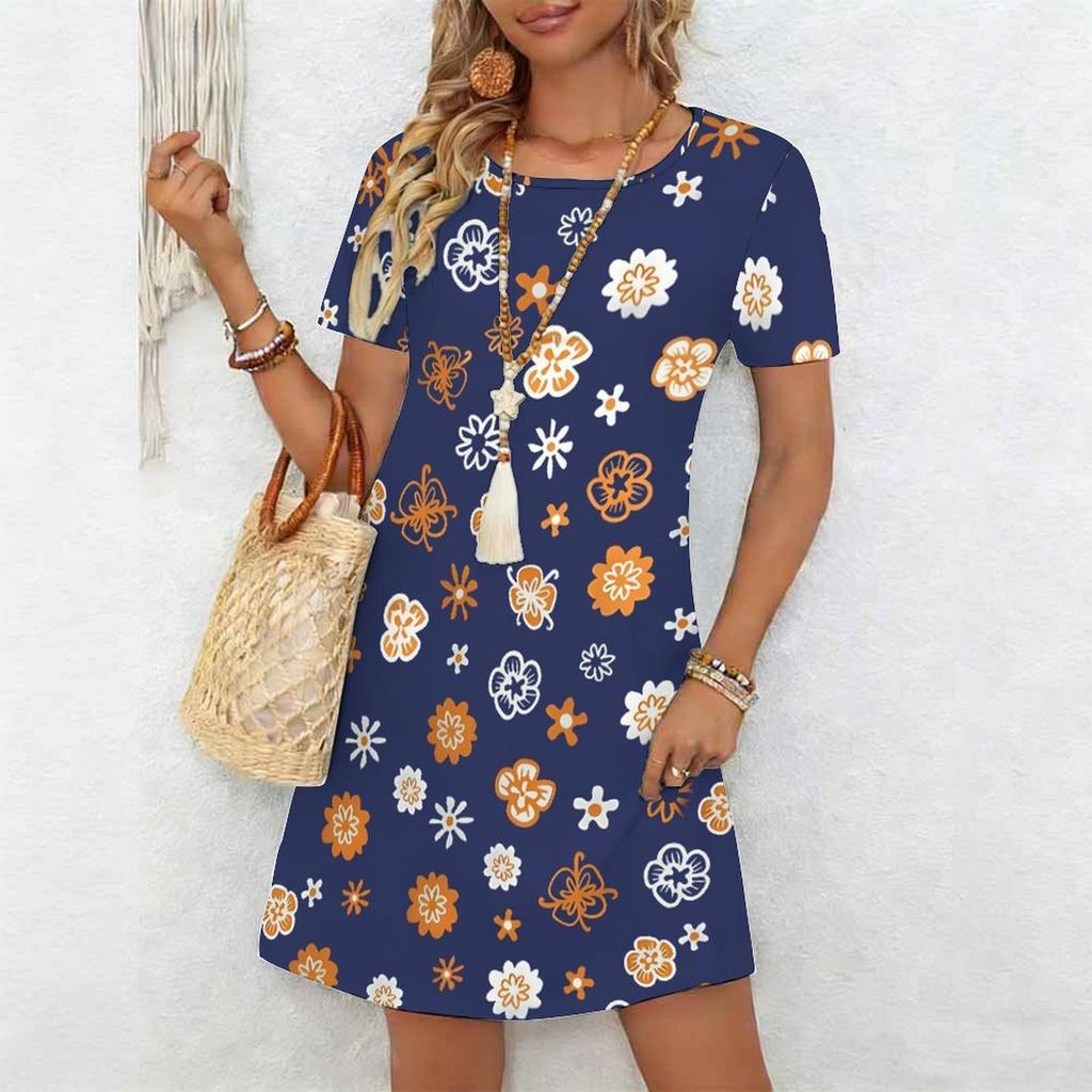 Damskie Modne Eleganckie Piękne Letnie Wiosenne Sukienki Codzienne z Nadrukiem Kwiatowym Krótkim Rękawem Okrągłym Dekoltem
