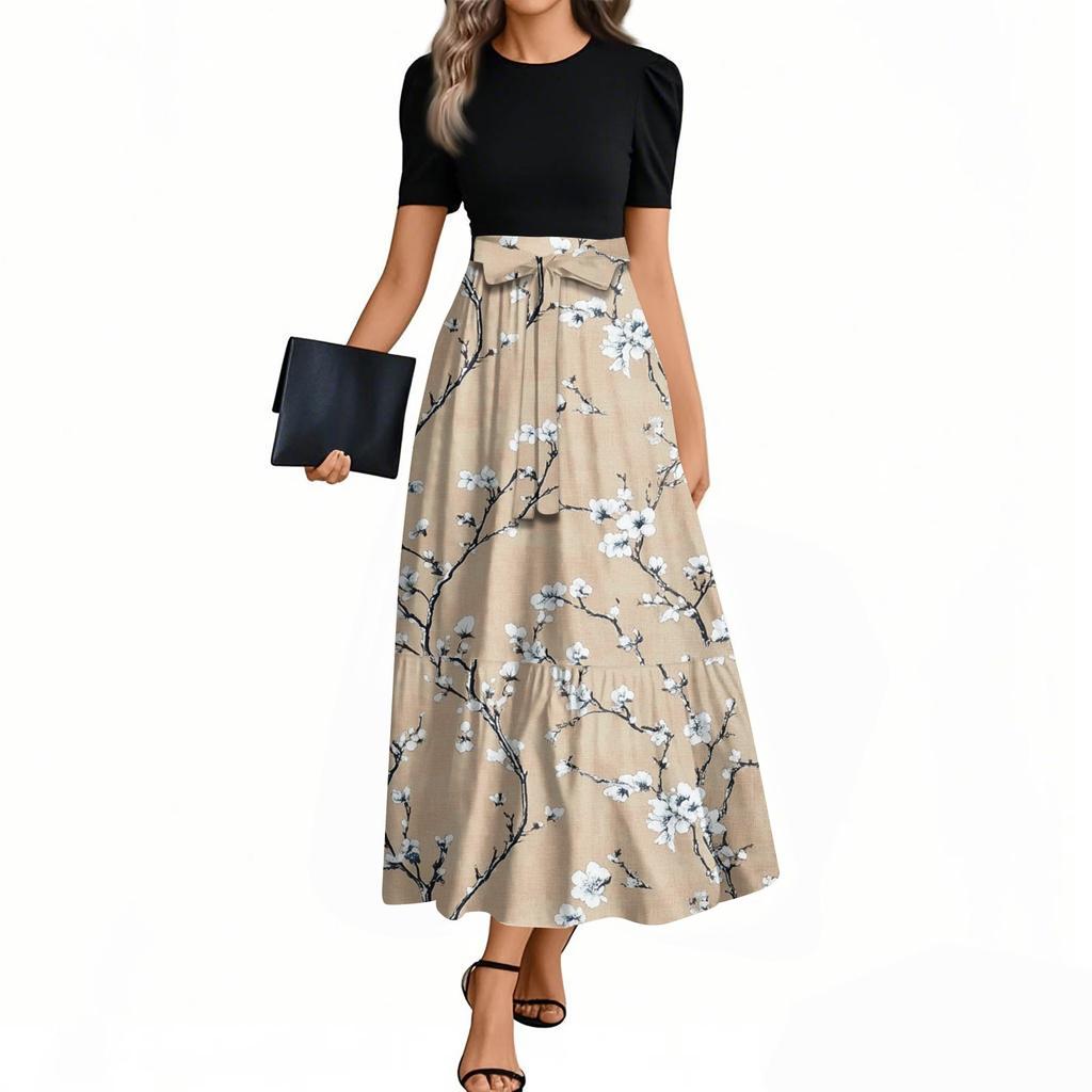 Women's Fashion Casual Belt Short Sleeve Round Neck Floral Stitching Elegant Temperament Dress