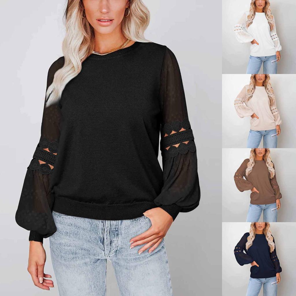 Women's Color Fashion Long Sleeve Round Neck Pullover Top Temperament Versatile Sleeve T-Shirt