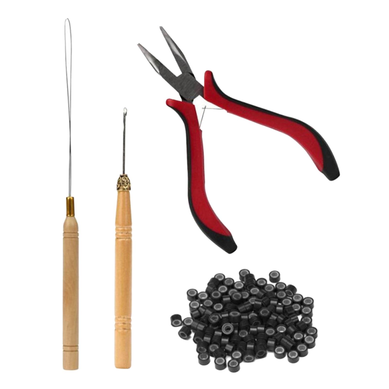 

4 шт. Щипцы для париков с изогнутым кончиком, деревянные крючки, иглы, силиконовые кольца, инструменты для наращивания волос, коричневые чёрный