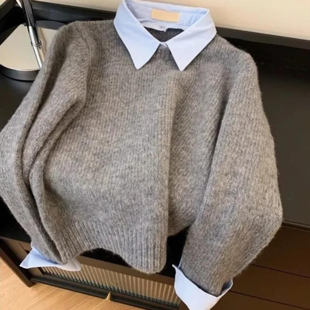 Женский осенний наряд, свитер с воротником-обманкой, ленивый интерьер, контрастный цвет, серый вязаный свитер-топ с отложным воротником S серый