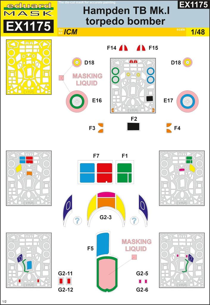 Eduard Handley Page Hampden TB Painting Mask Decals Plastic Model Masking Decals EDUEX1175 1/48 Mk.I (for ICM) (Aircraft)