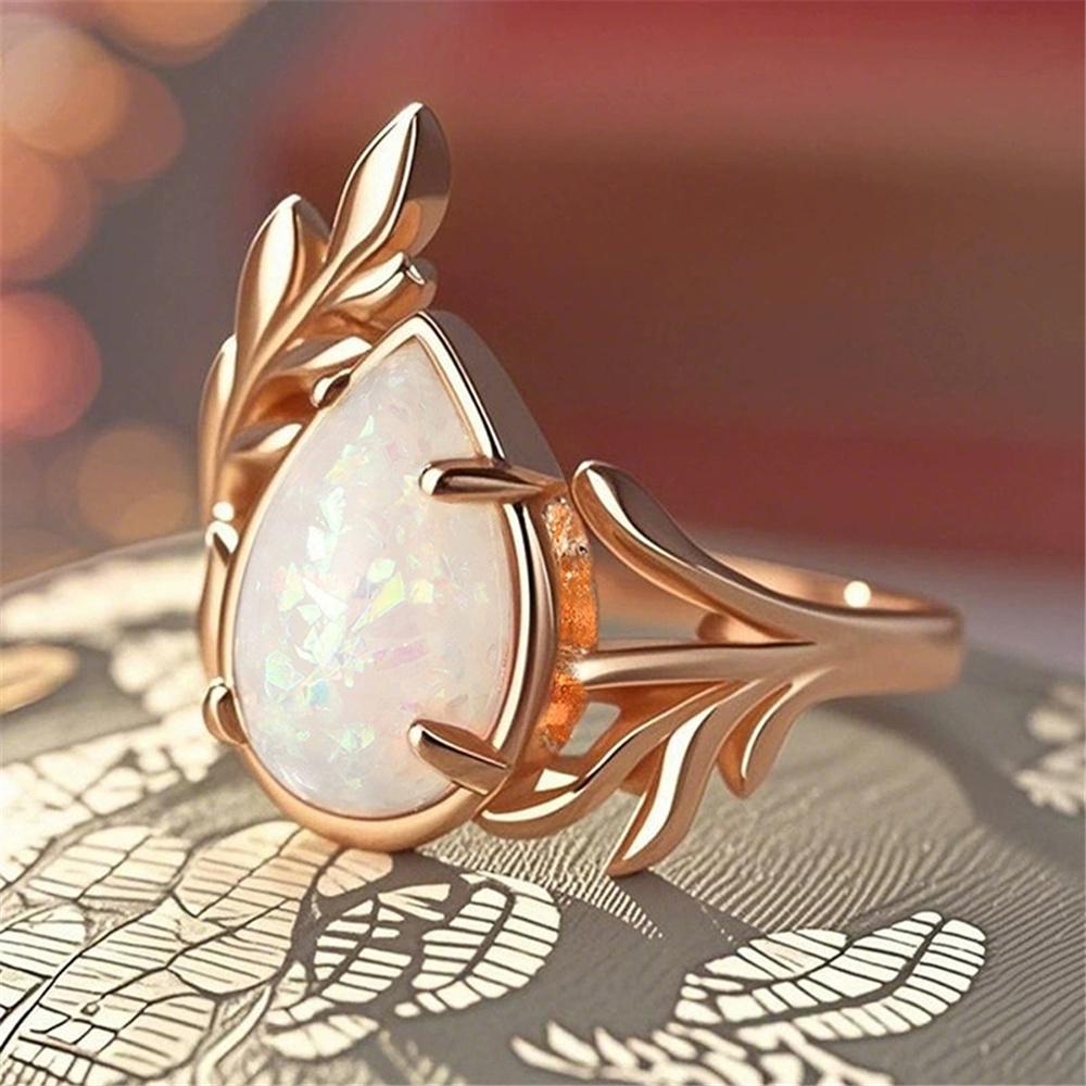 Cute White Fire Opal Stone Water Drop Rings For Women Gold Color Engagement Wedding Jewelry