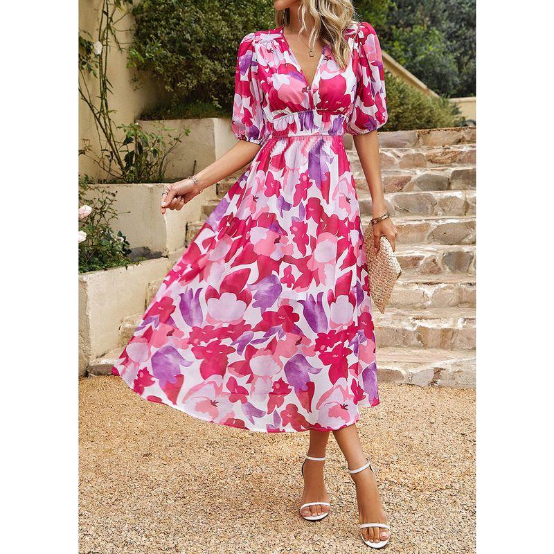 

Мода Ветер Мода Темперамент Платье с V-образным вырезом с контролем талии Синее с принтом Платье V-образный вырез Платье с принтом Отпуск Пляж Red M