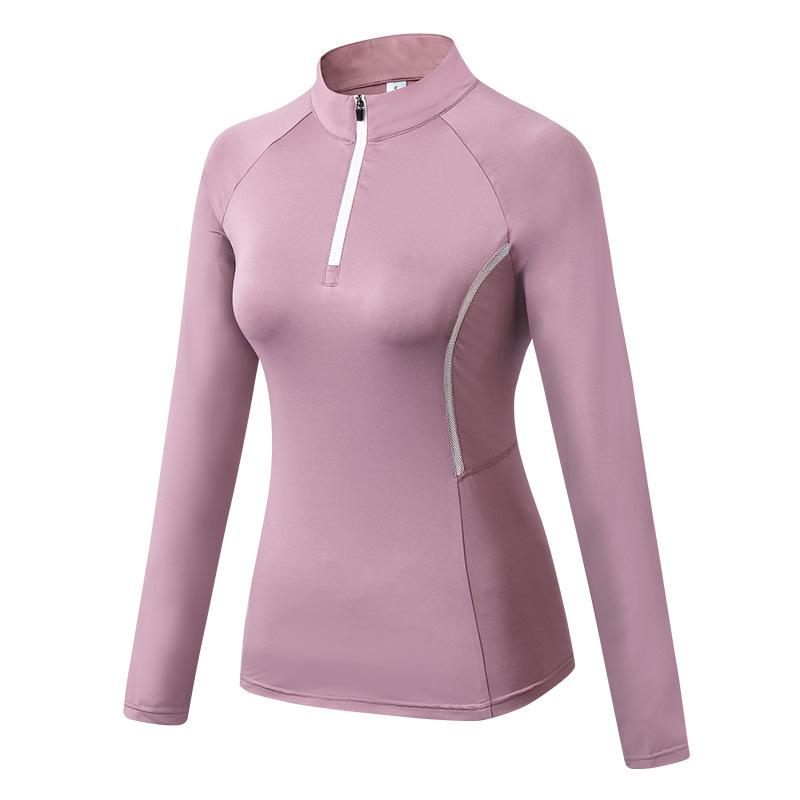 Women's Quick-Dry Long Sleeve Bodycon Sports Yoga Top with Half-Zip and Stand-Up Collar.
