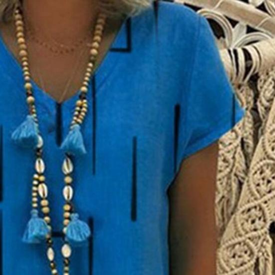 V-Neck Short Sleeve Knee-Length Shift Dress Geometry Plaid Print Casual Summer Dress Female Clothing