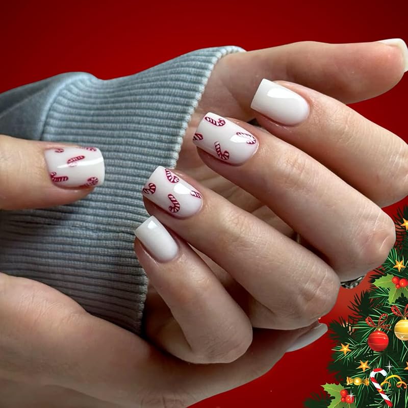 Christmas Press on Nails Short Square Red Fake Nails with Candy Cane Line Snowflake Glossy Designs Full Cover Press ons False Nails for Women 24 Pcs