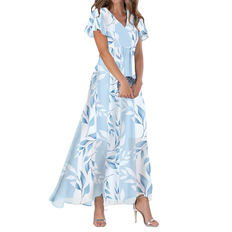 Summer new big pendulum long dress V-neck short-sleeved printed chiffon dress