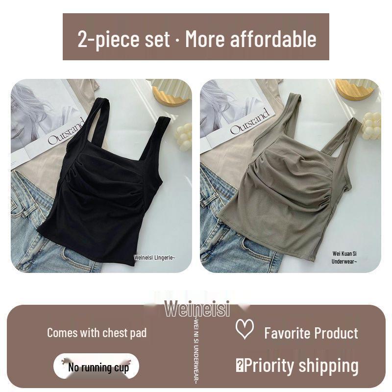 Korean Ruffled Spaghetti Strap Women's Tank with Chest Pads - Sexy Backless Slimming Base Layer