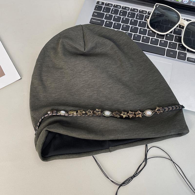 Retro Star Beaded Chain Baotou Hat Women's Summer Thin Breathable Versatile Pile Hat Large Head Circumference Pullover Cold Hat