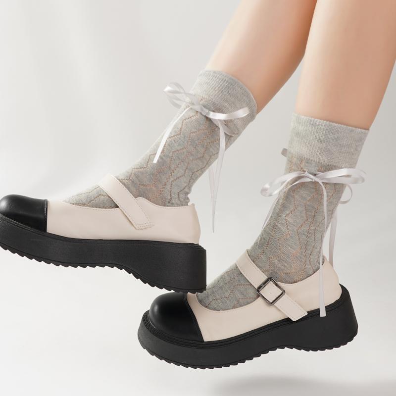 Lange Damen Socken Hohe Qualität Einfarbig Schleife Süße Socken Femme Netz Aushöhlen Niedlich JK Damen Ballett Bequeme Lockere Socken