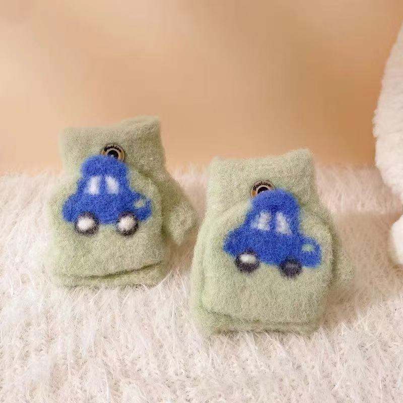 2025 New Children's Gloves Autumn and Winter Flip Baby Cute Cartoon Car Finger Gloves Students Cold