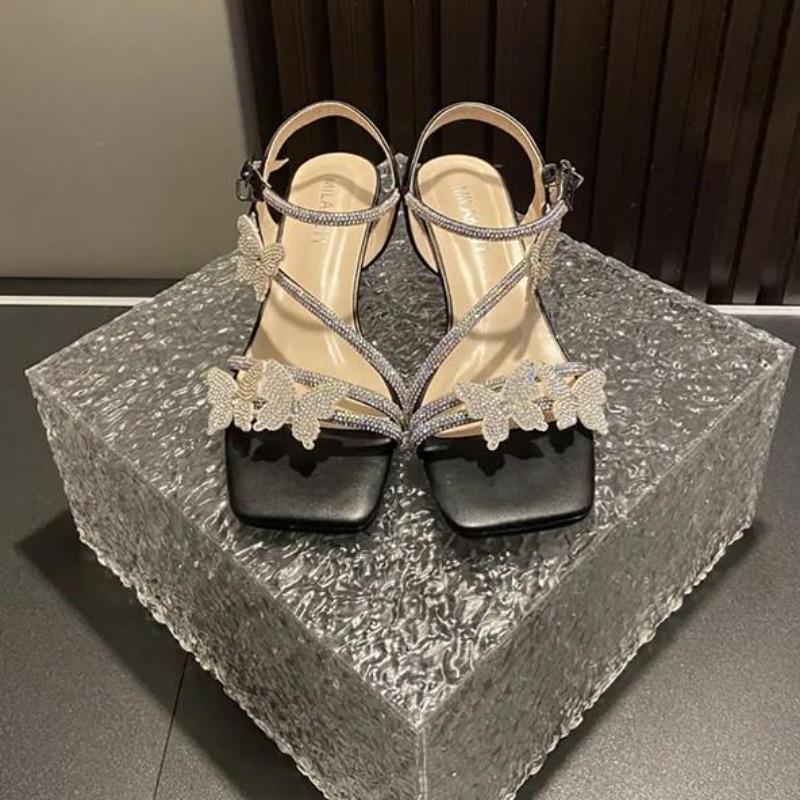 Rhinestone Butterfly Ankle Strap Women Sandals Summer Size 40 French Mid Heel Female Outwear Party Dress Shoes Zapatos De Mujer