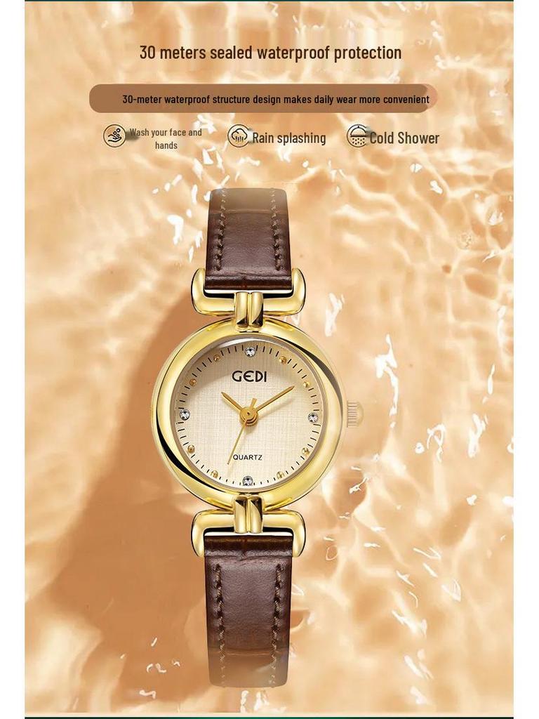 Gedi Retro-Style Women's Thin Quartz Watch with Cloth Pattern and Genuine Leather Strap