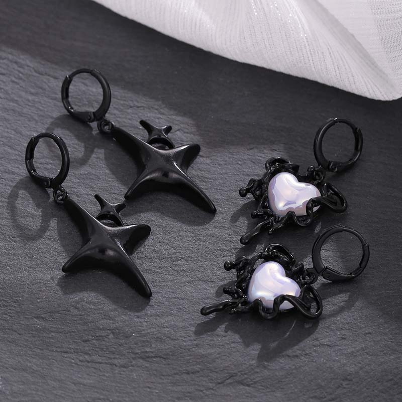 Gothic Punk Black Color Heart Star Pendant Earrings Set for Women Egirl Simple Opal Stone Cross Earrings Aesthetic Y2K Zircon