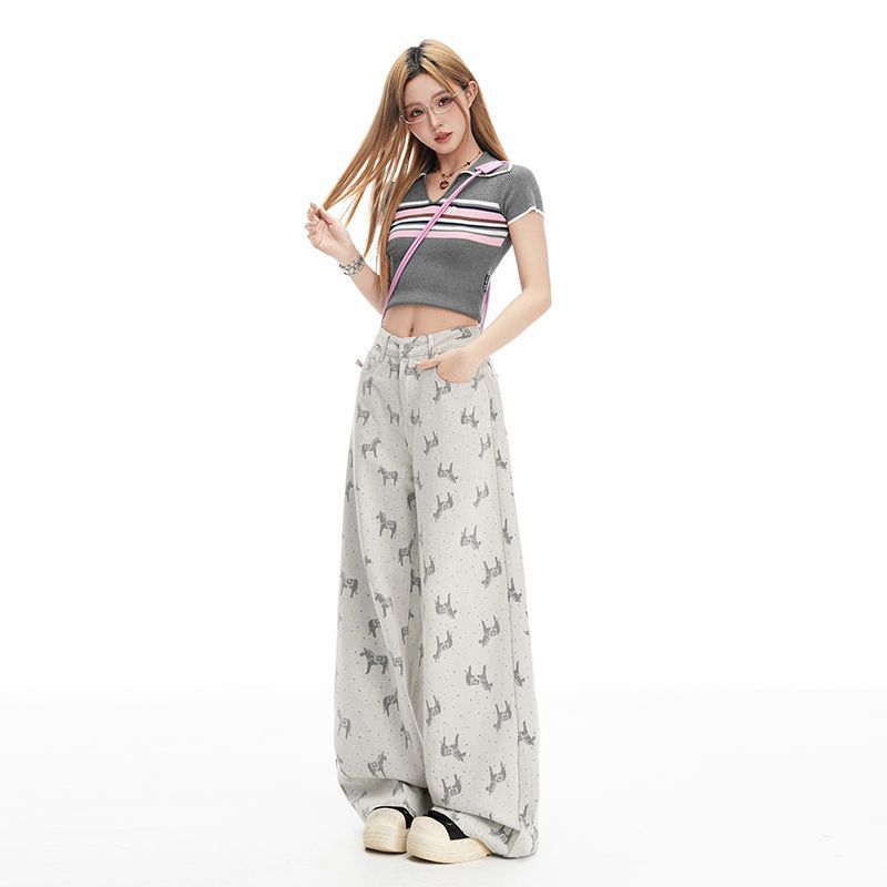Spring Summer Small Horse Embroidery High Waist Slim Loose Wide Leg Trendy Denim Long Trousers Female Casual Pants Oversize Denim Trousers