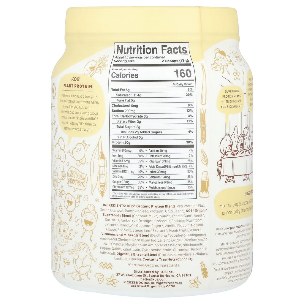 Kos Organic Superfood Vegetable Protein Powder, Vanilla, 1.2 Lb (555 G)