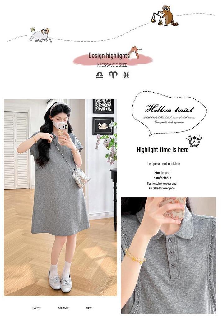 Trendy Korean-Style Summer Maternity Dress - Loose, Casual, Slimming Fit with High-End Lapel Design