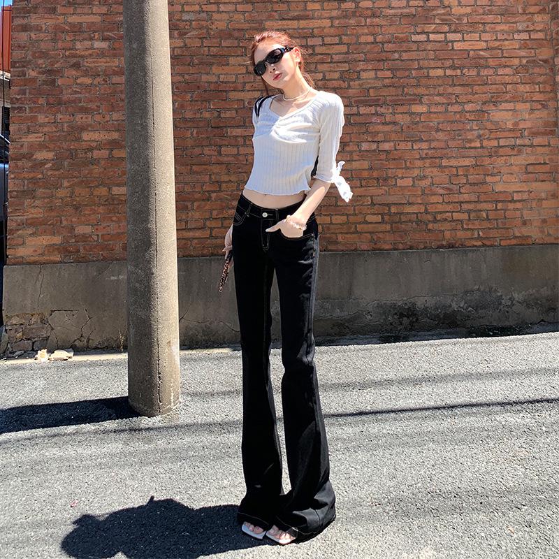 Women s Black Low-Rise Micro-Flare Slimming Jeans - 2025 Autumn American Style M