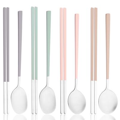 8Pcs Green Handle Silver Dinnerware Set Dinner Spoon Sushi Chopsticks Flatware Western Stainless Steel Cutlery Kitchen Tableware